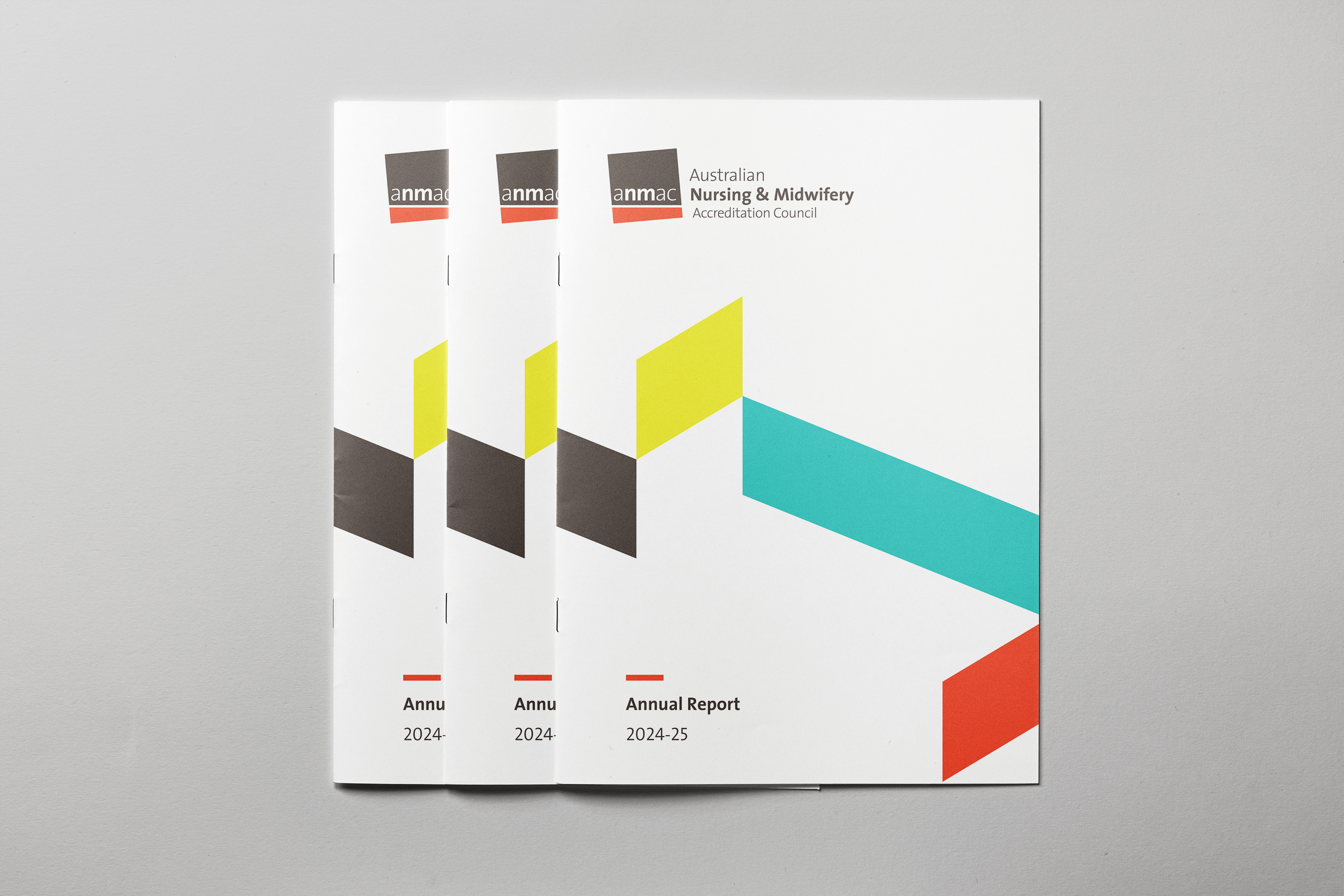 Covers of three ANMAC Annual Report 2024–25 booklets displayed on a light grey surface.