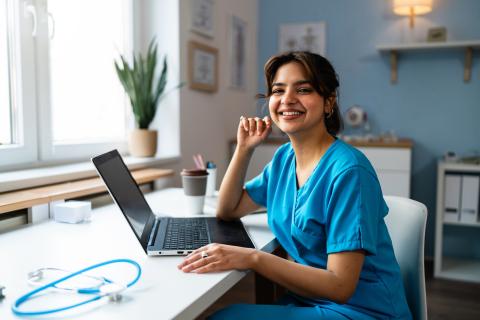Portrait of a female doctor Indian ethnicity in a blue medical scrubs, using a laptop.